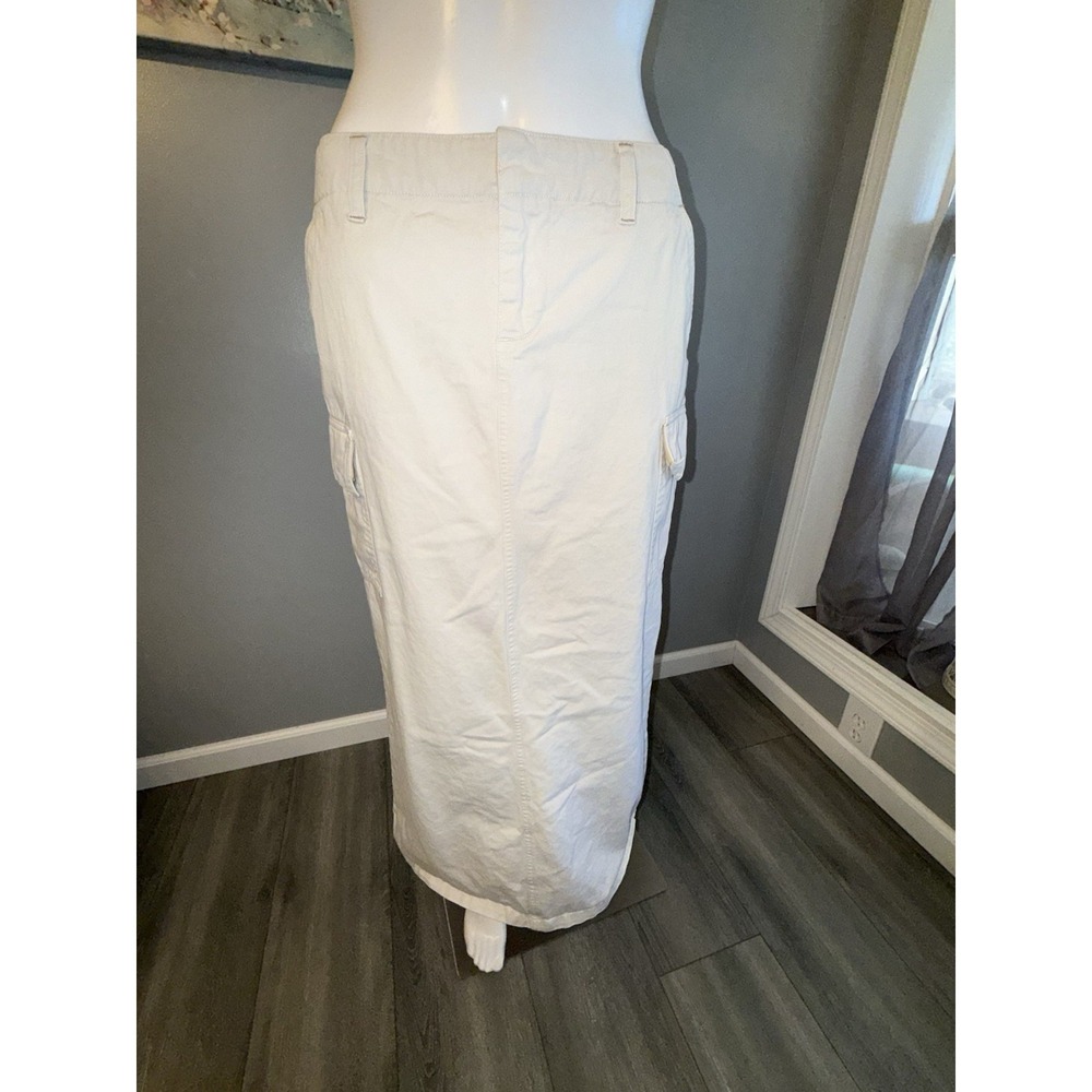 VTG Y2K Old Navy Womens 4 Beige Linen Midi Skirt‎ Back Slit '02 Cargo Pockets